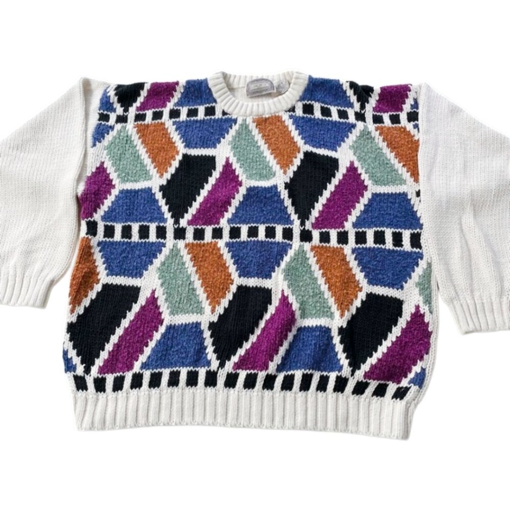 Vintage 80s Abstract Chunky Knit Grandpa Sweater, Size Large